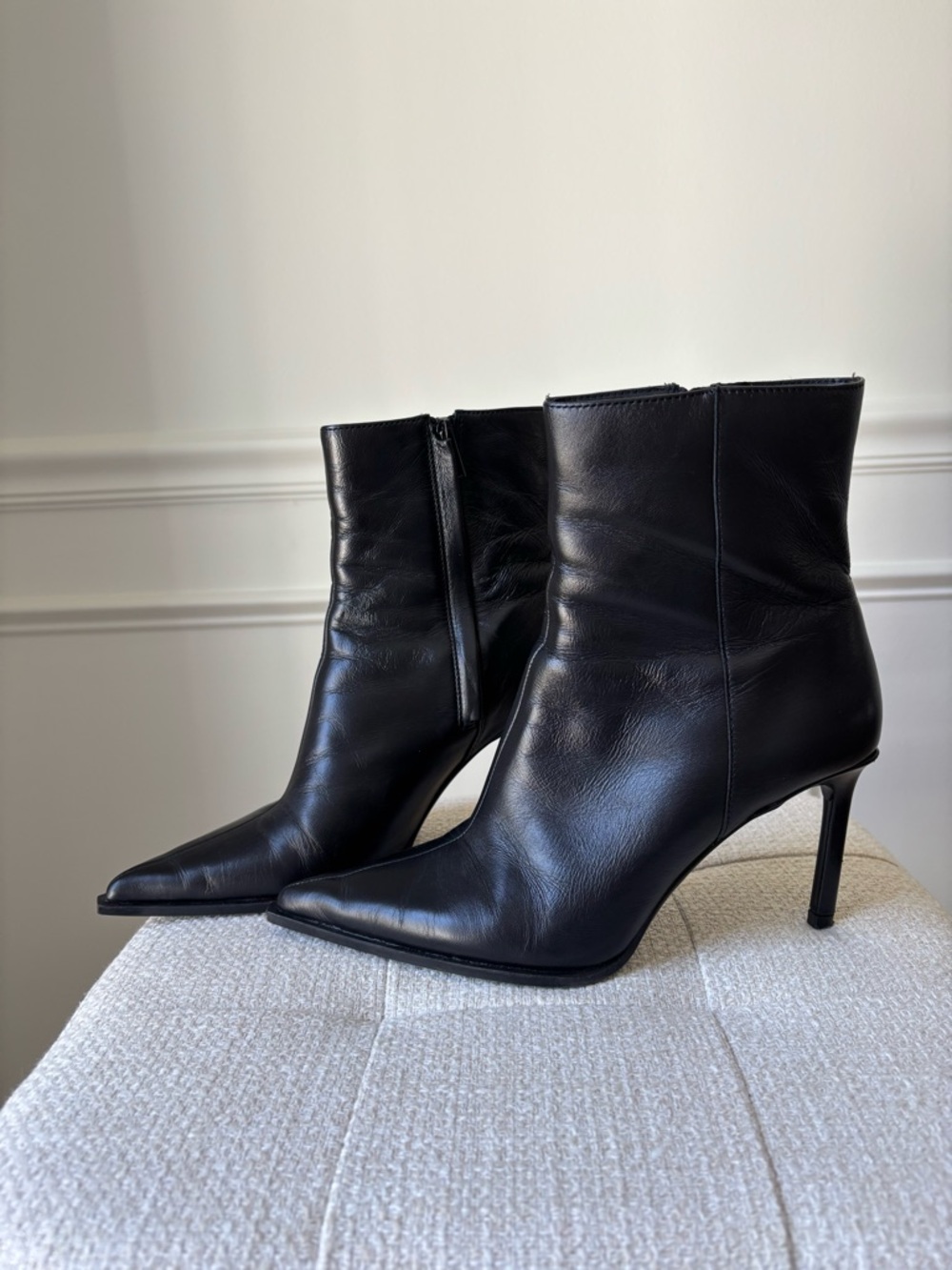 Black Leather Pointed-Toe Stiletto Ankle Boots